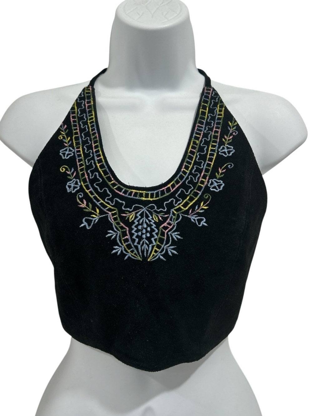 Vintage Passport Black Leather Suede Embroidered Boho Tie Open Back Halter Top S